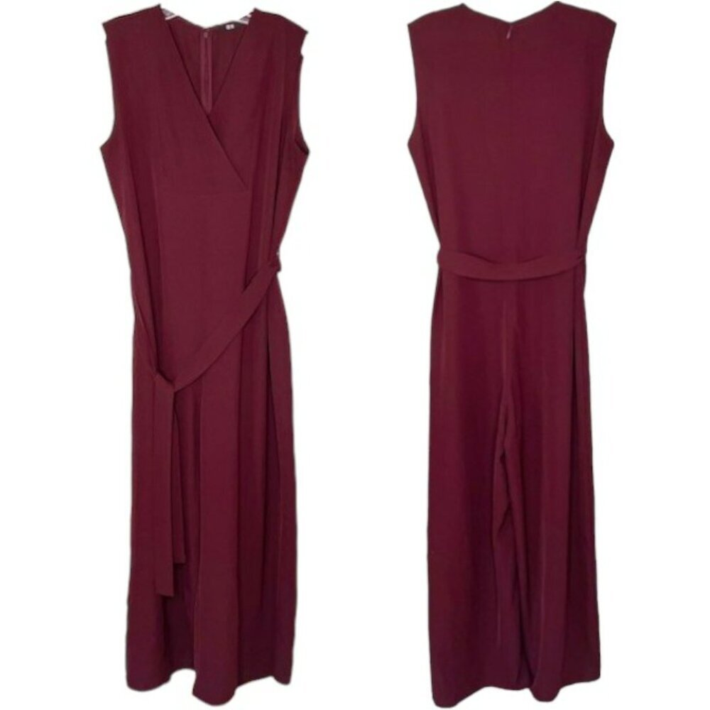 Uniqlo Belted V-neck Wide Leg Crepe Jumpsuit - Maroon - L